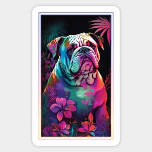 Bulldog Vibrant Tropical Flower Tall Digital Oil Painting Portrait Sticker